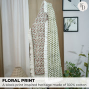 Block Printed Floral Green And Brown Handmade Cotton Quilt