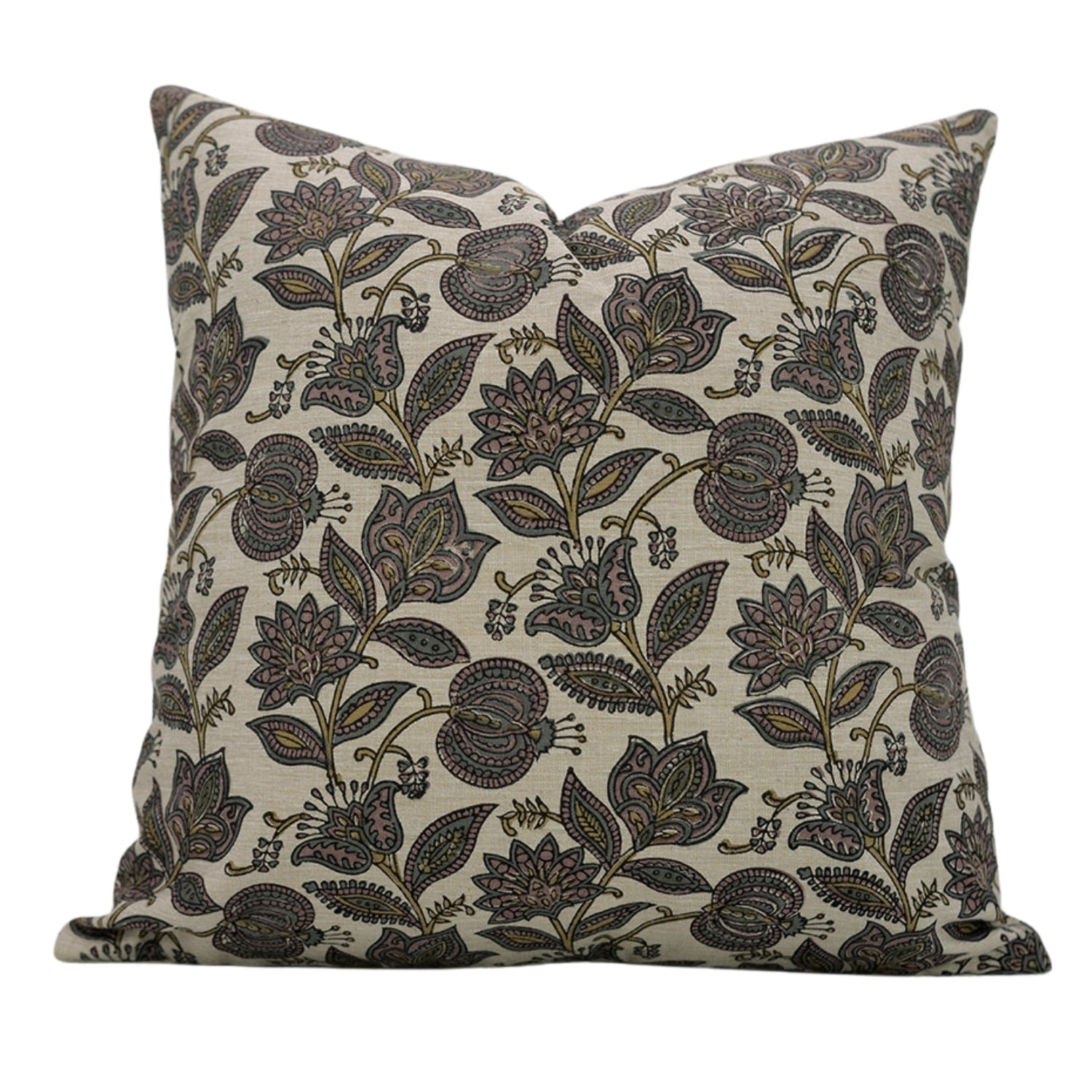 Custard Apple Handmade Floral Cushion Cases – Block Printed in Pastel Brown & Green