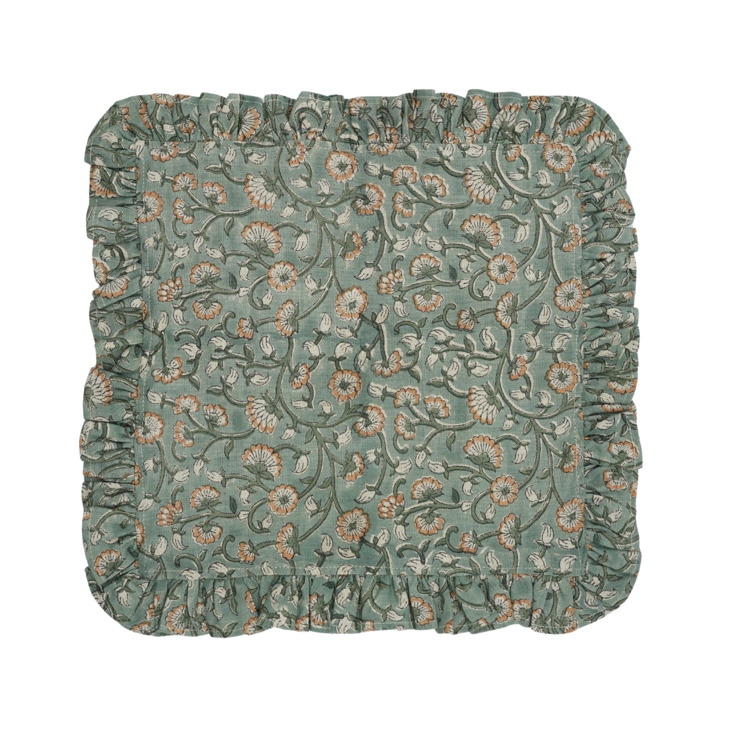 Pure Linen Scallop Trimmed Table Frill Napkins - Himachal Green Handblock Floral Elegance