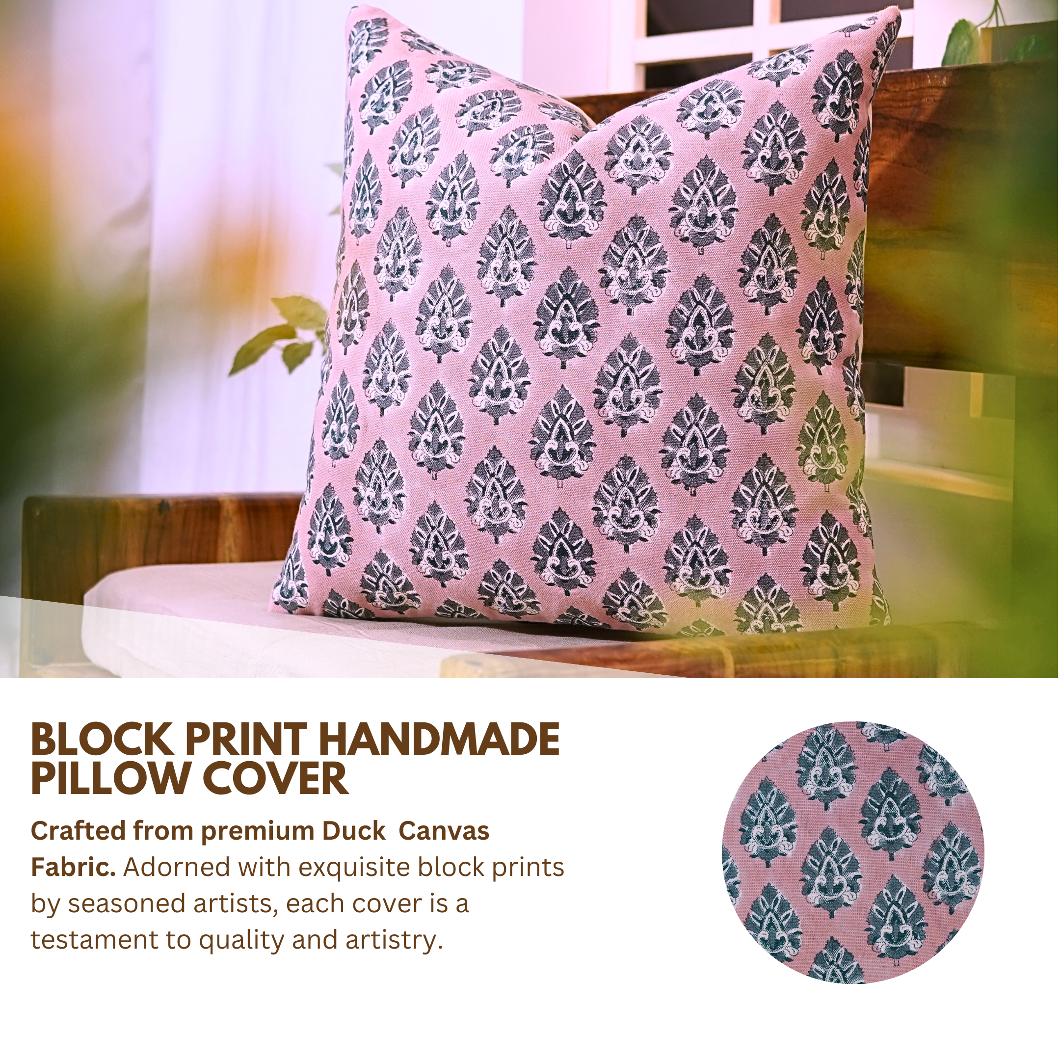 Block print Duck Canvas throw pillow cover- BETEL LEAF - Fabdivine