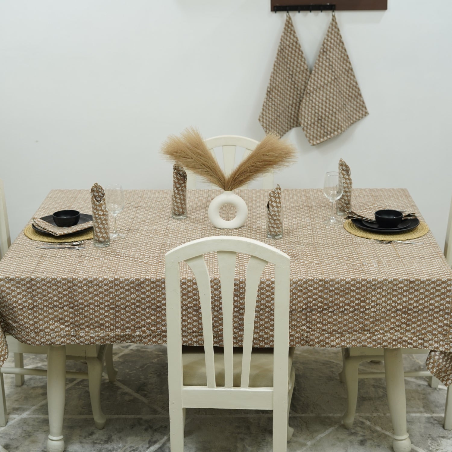 Traditional White Thick Cotton Dining Cover with Brown Floral Tarangani Hand-Block Print By Fabdivine