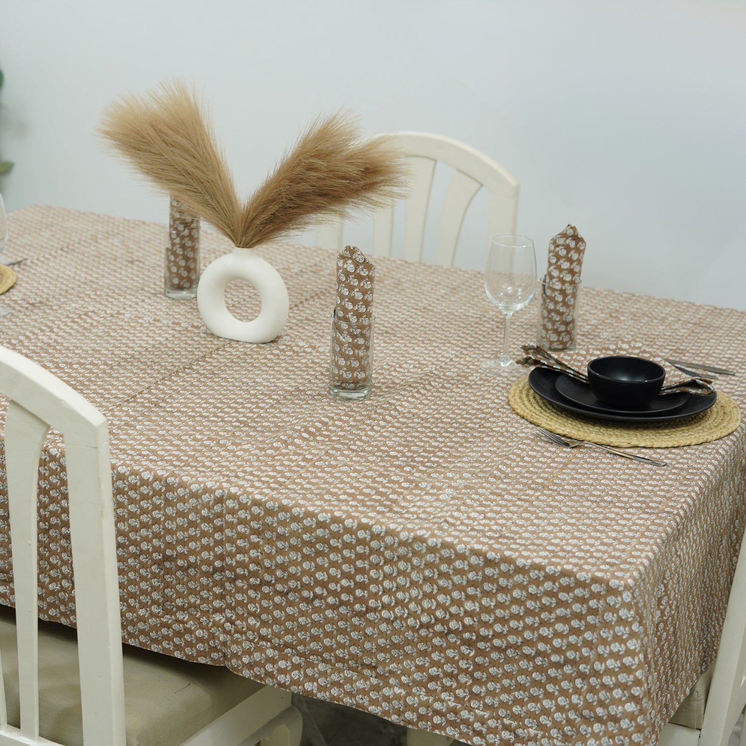 Traditional White Thick Cotton Dining Cover with Brown Floral Tarangani Hand-Block Print By Fabdivine