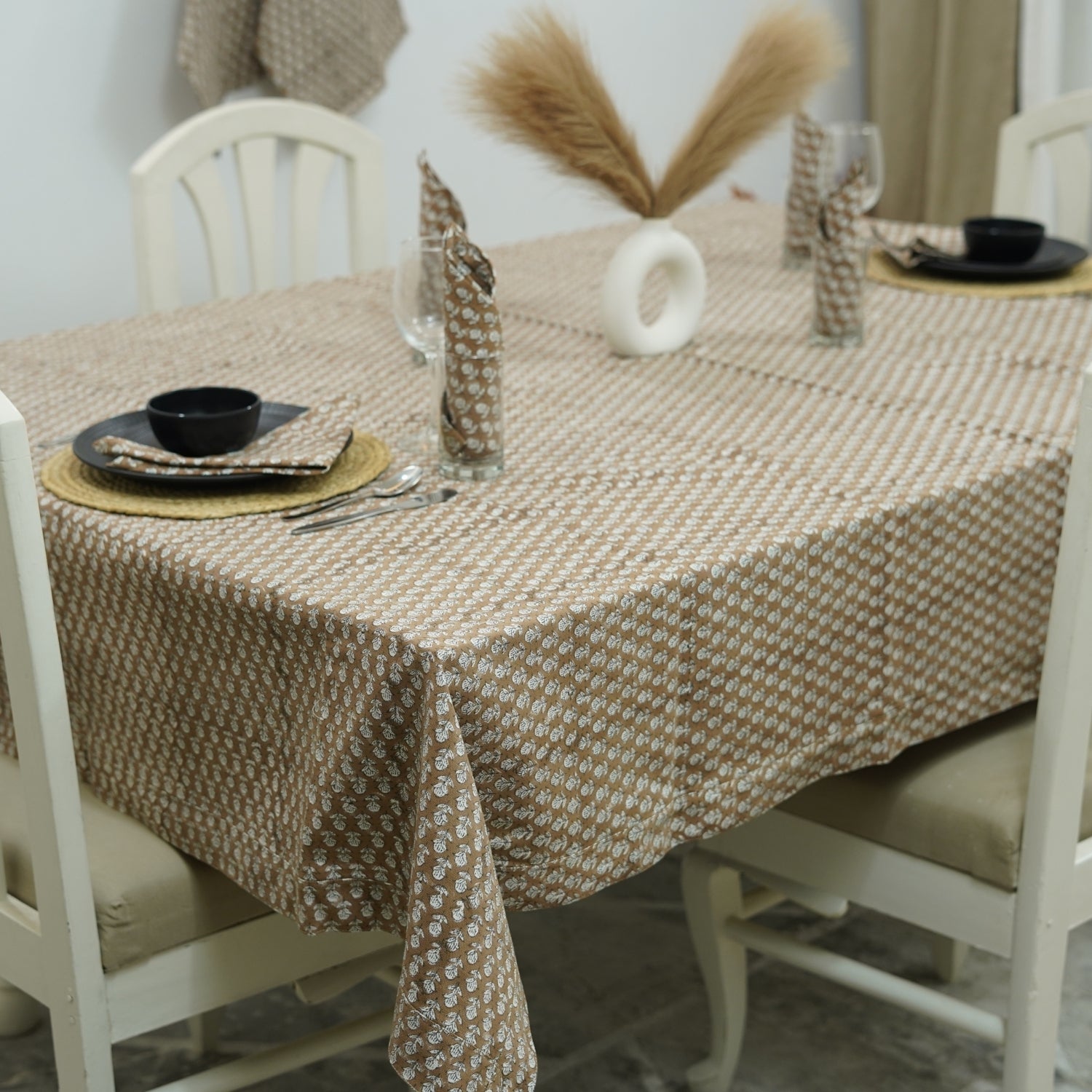 Traditional White Thick Cotton Dining Cover with Brown Floral Tarangani Hand-Block Print By Fabdivine