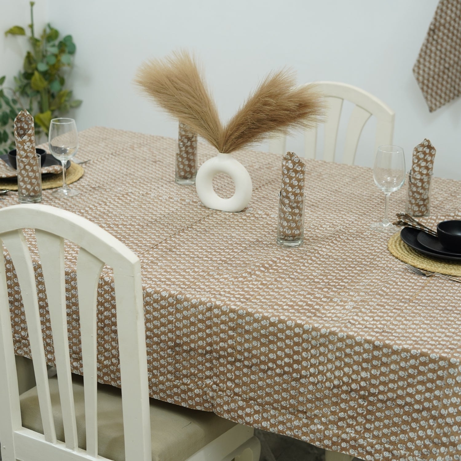 Traditional White Thick Cotton Dining Cover with Brown Floral Tarangani Hand-Block Print By Fabdivine