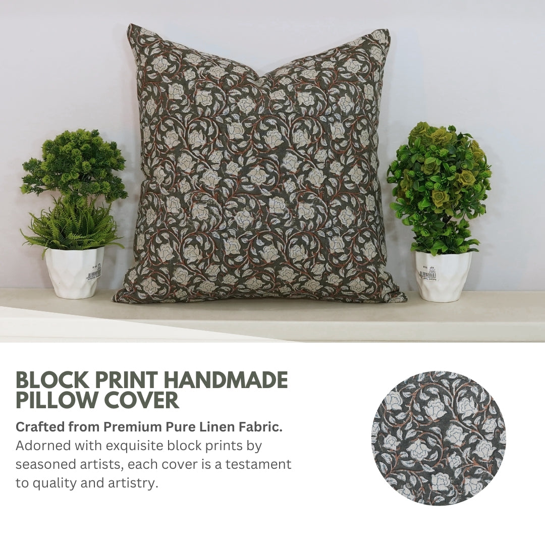 Throw Pillow Cover Designer Collection Of Hand Block Print Pure Linen - Amritvela