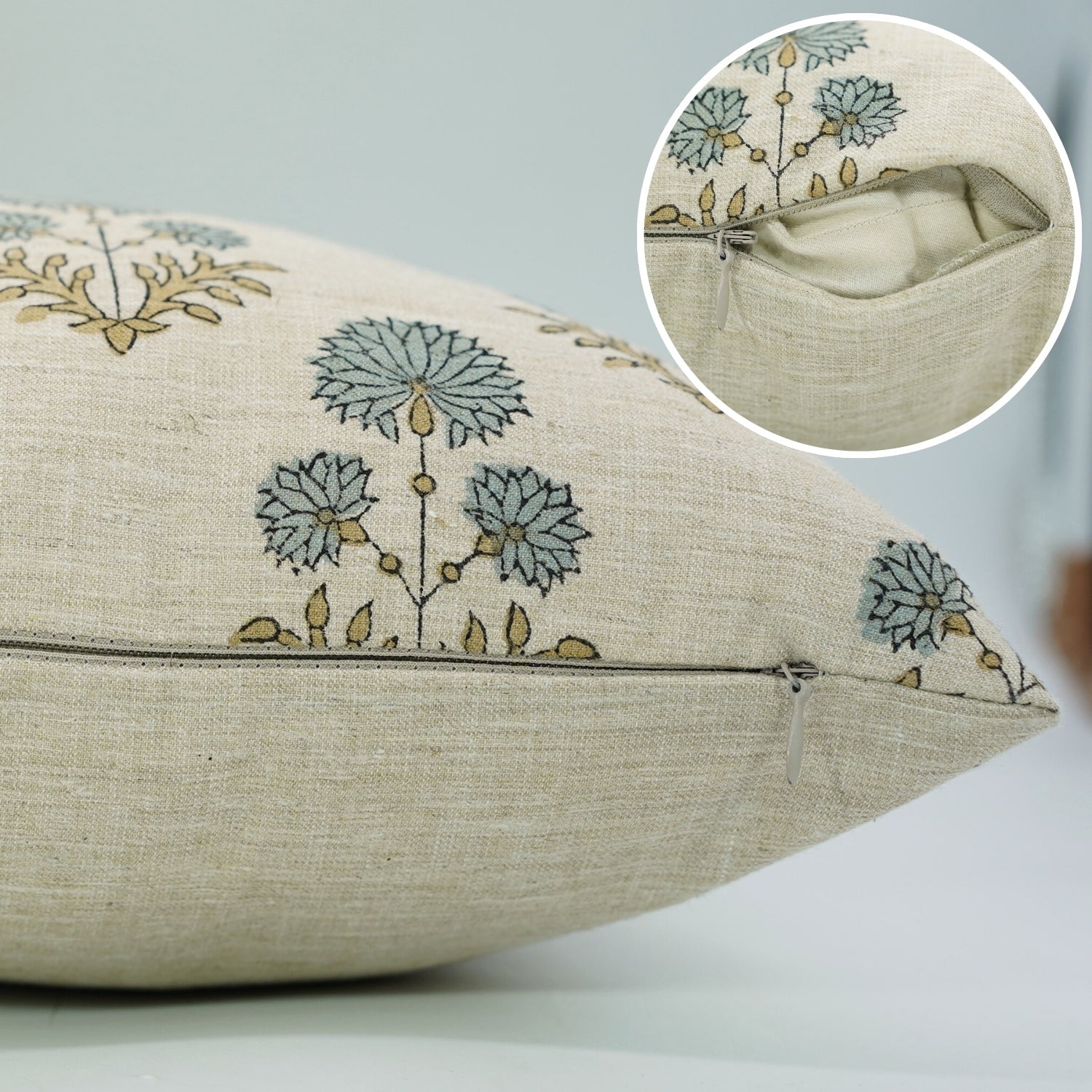 Floral Majestic HandBlock Printed Pillow Cover/Cases Luxe Linen Blend For Farmhouse - Rishi Blue