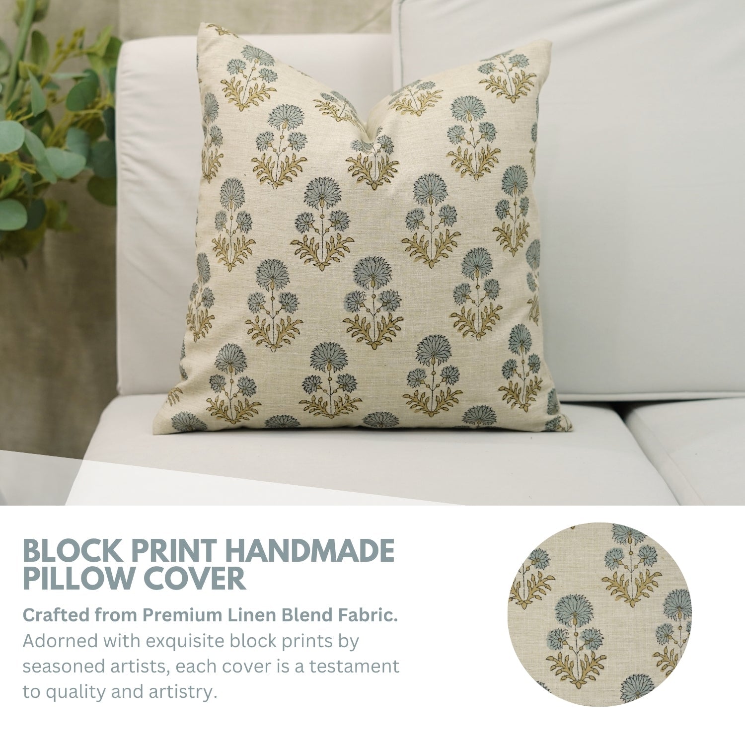 Floral Majestic HandBlock Printed Pillow Cover/Cases Luxe Linen Blend For Farmhouse - Rishi Blue