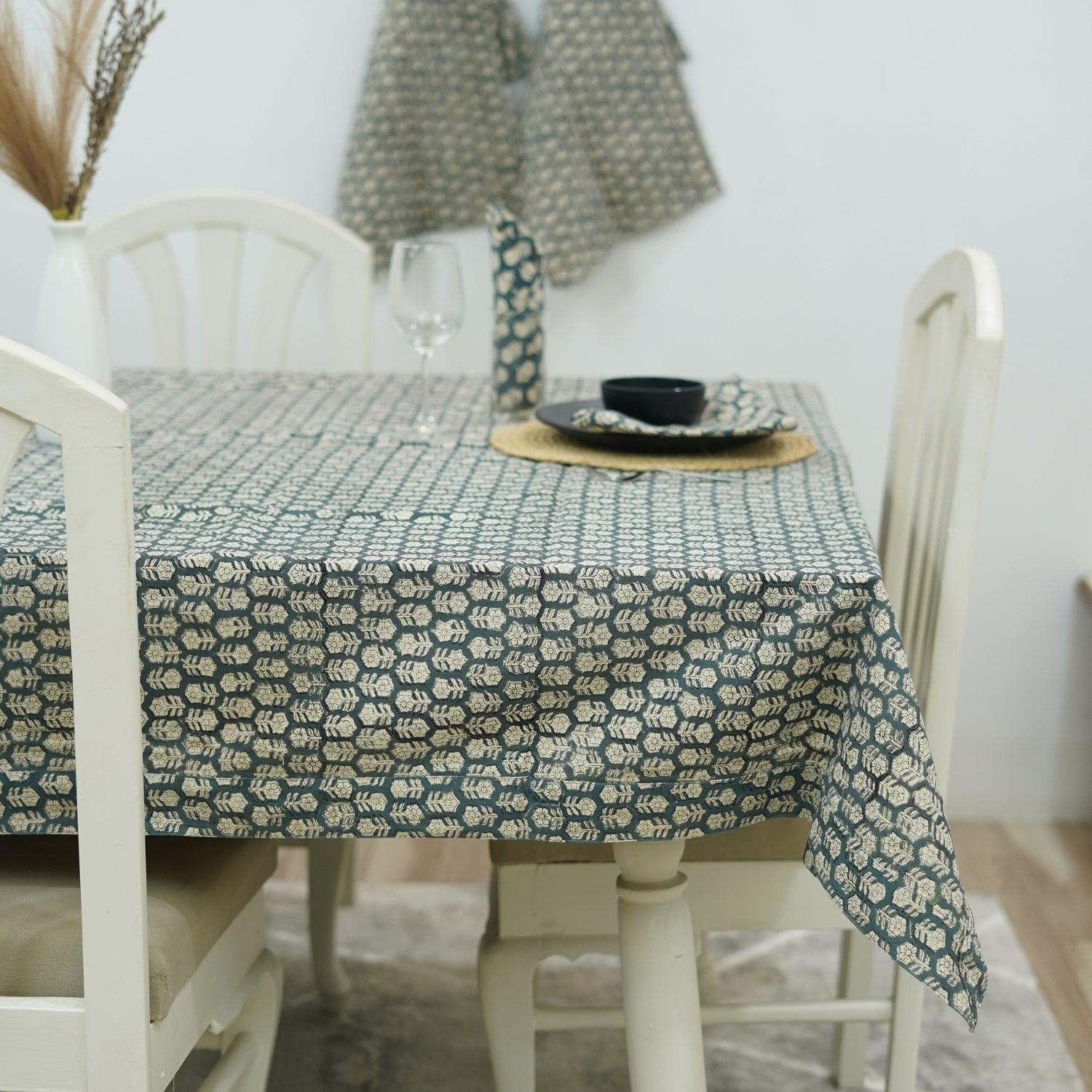 Hand-Block Printed Duck Canvas Table Cover Blue &amp; White - Tulsi Butti By Fabdivine