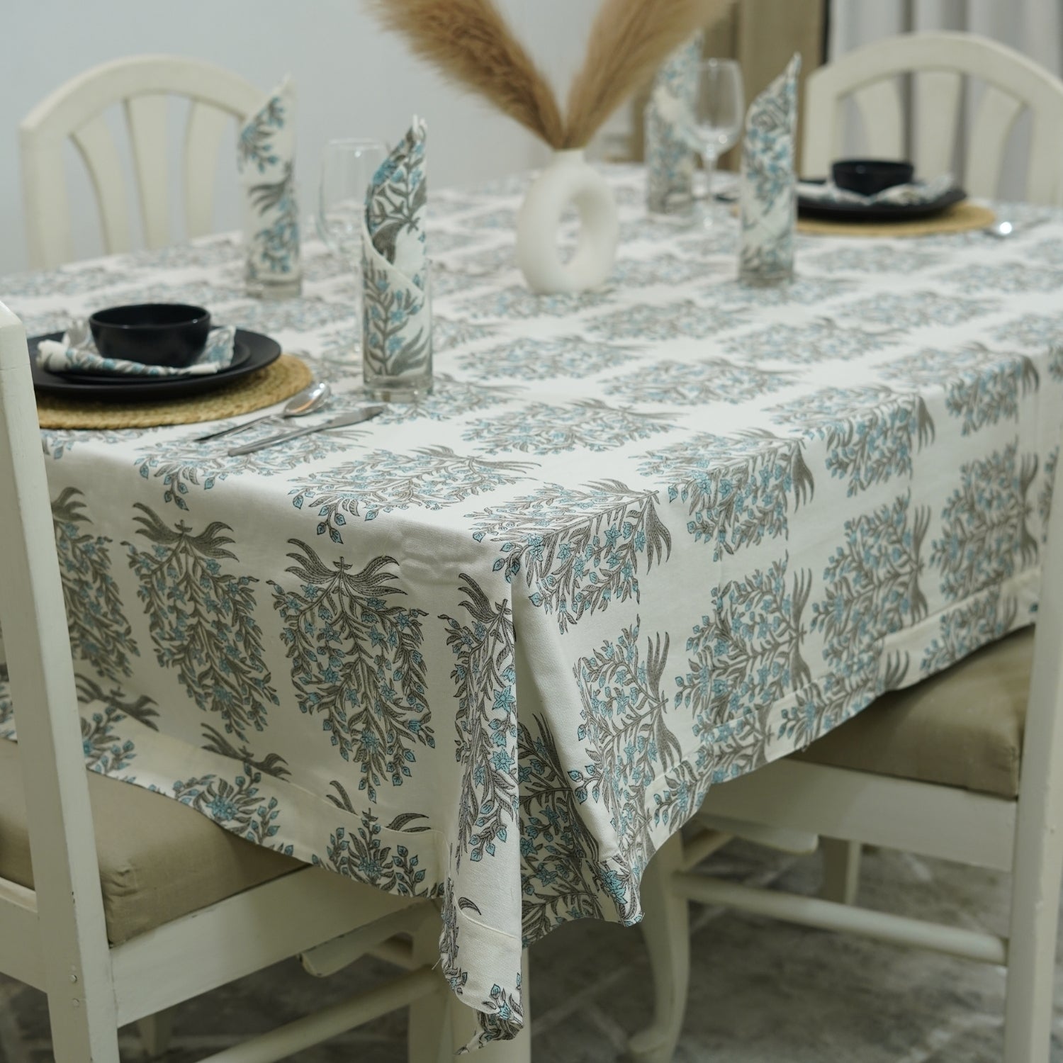 Handmade Cotton Thick Floral Printed Tablecloth - Virandhavan Gray & Blue By Fabdivine