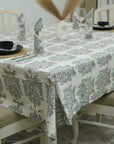 Handmade Cotton Thick Floral Printed Tablecloth - Virandhavan Gray & Blue By Fabdivine