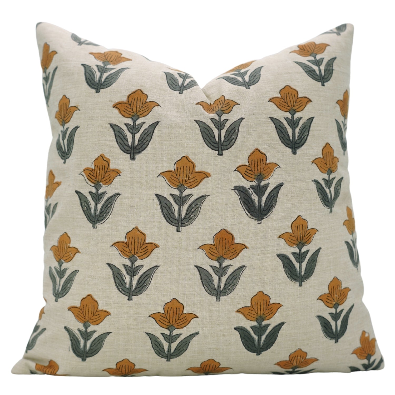 Tulip Yellow Handmade Floral Cushion Case – Indian Block Printed Linen Blend for Indoor Elegance