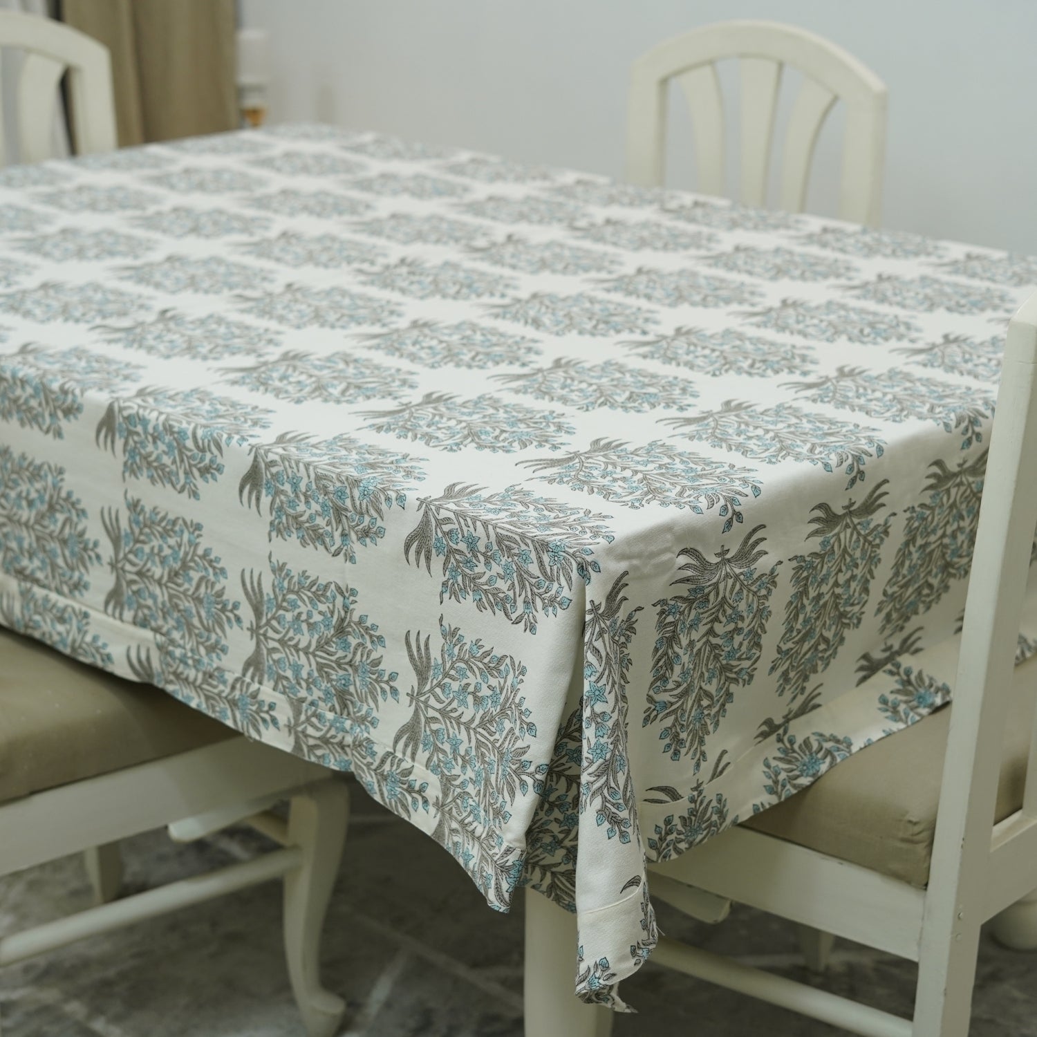 Handmade Cotton Thick Floral Printed Tablecloth - Virandhavan Gray &amp; Blue By Fabdivine