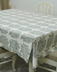 Handmade Cotton Thick Floral Printed Tablecloth - Virandhavan Gray & Blue By Fabdivine