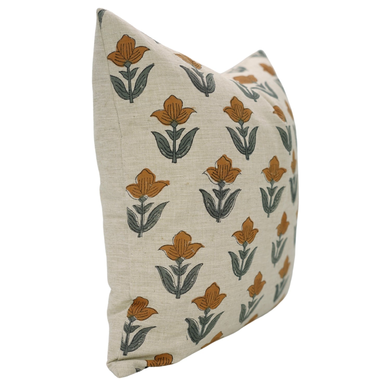 Tulip Yellow Handmade Floral Cushion Case – Indian Block Printed Linen Blend for Indoor Elegance