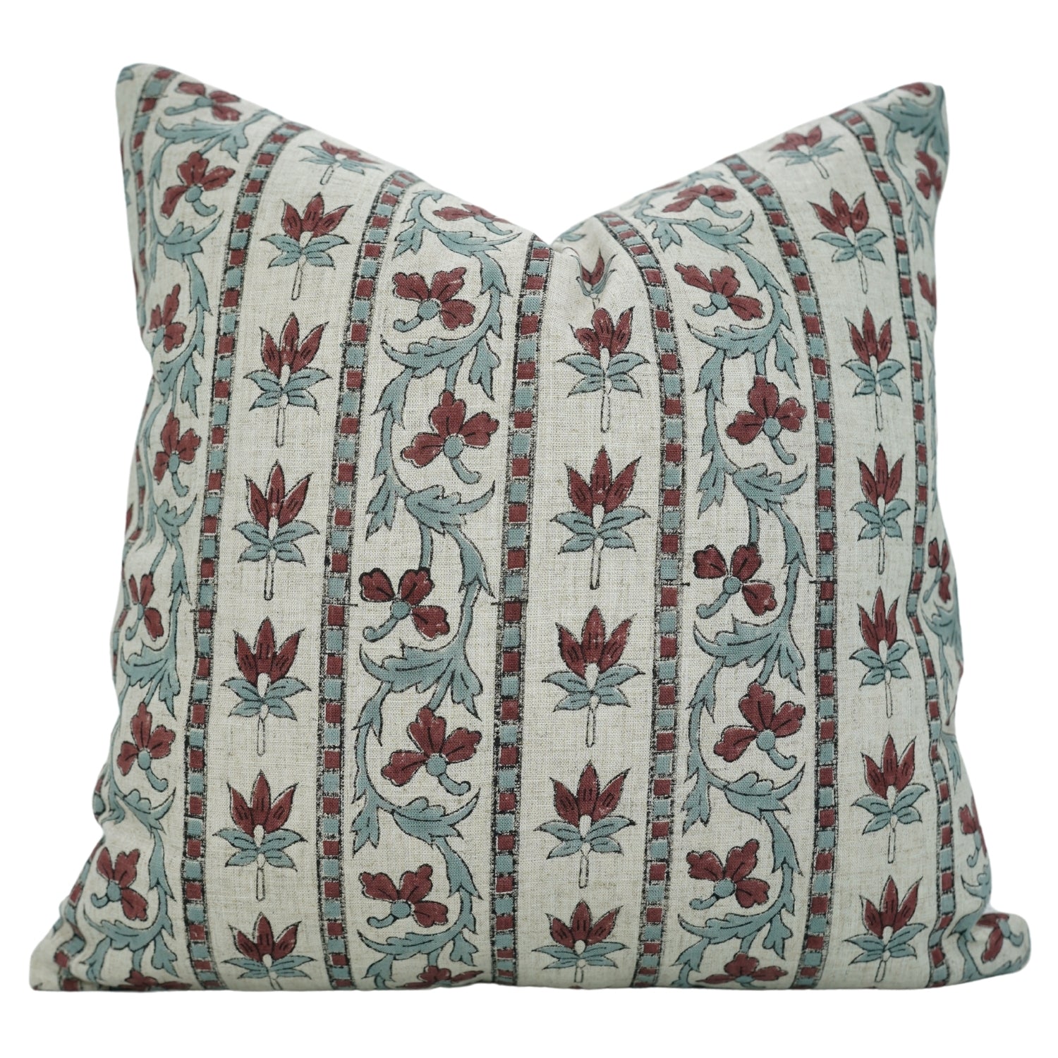  Viscose Linen Floral Design Hand Block Pillow Cover for Sofa - Red Laxmi By Fabdivibe.