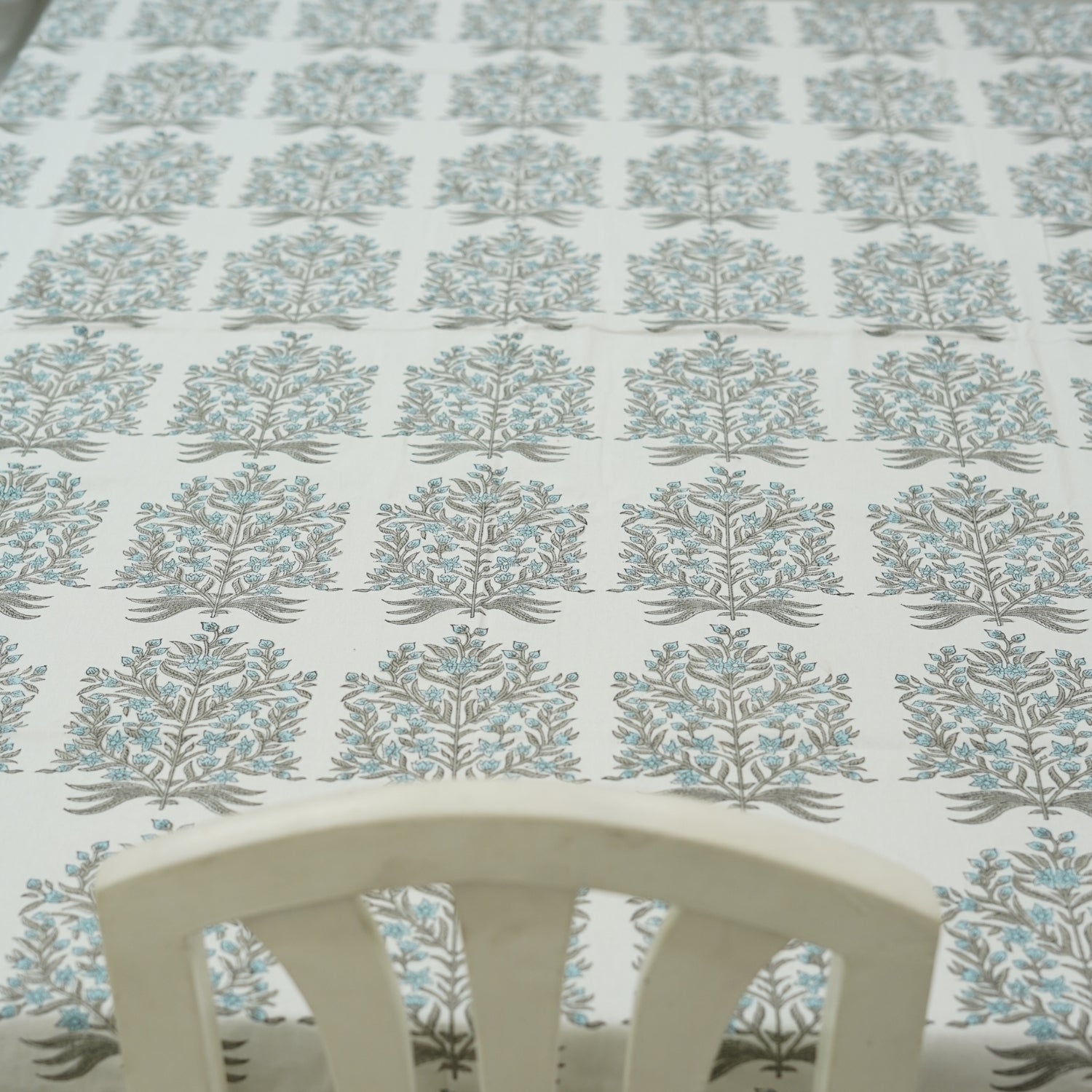 Handmade Cotton Thick Floral Printed Tablecloth - Virandhavan Gray & Blue By Fabdivine