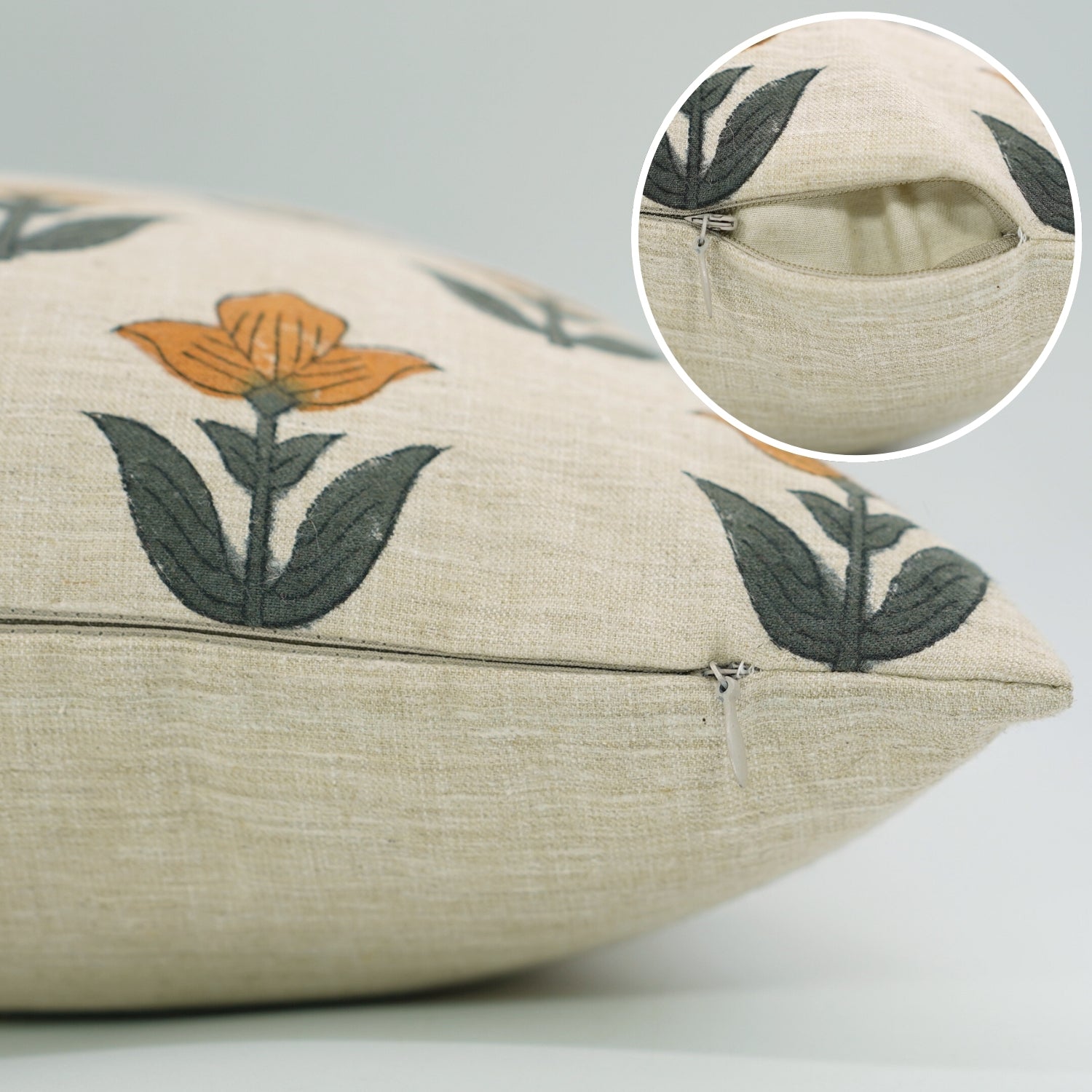 Tulip Yellow Handmade Floral Cushion Case – Indian Block Printed Linen Blend for Indoor Elegance