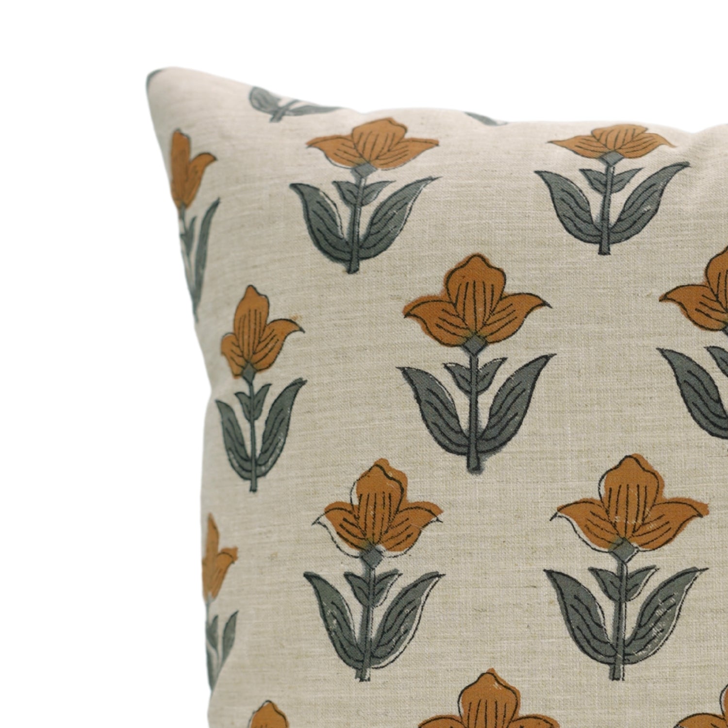 Tulip Yellow Handmade Floral Cushion Case – Indian Block Printed Linen Blend for Indoor Elegance