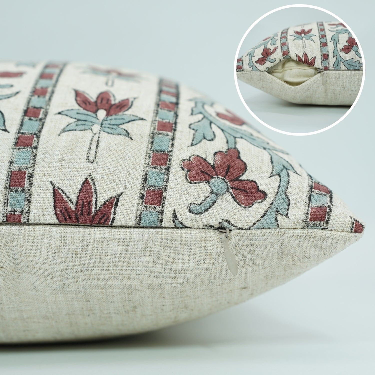  Viscose Linen Floral Design Hand Block Pillow Cover for Sofa - Red Laxmi By Fabdivibe.