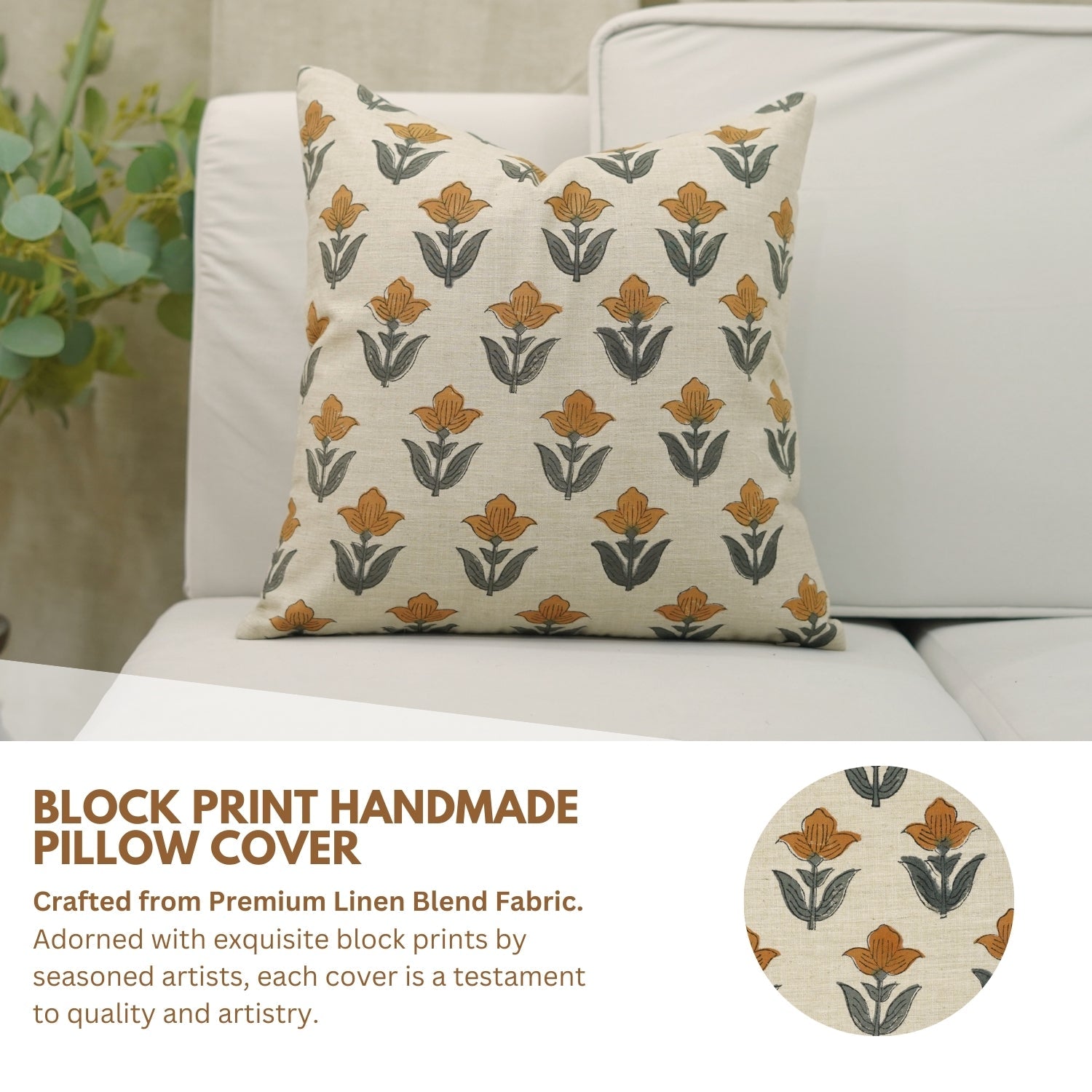 Tulip Yellow Handmade Floral Cushion Case – Indian Block Printed Linen Blend for Indoor Elegance