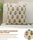 Tulip Yellow Handmade Floral Cushion Case – Indian Block Printed Linen Blend for Indoor Elegance