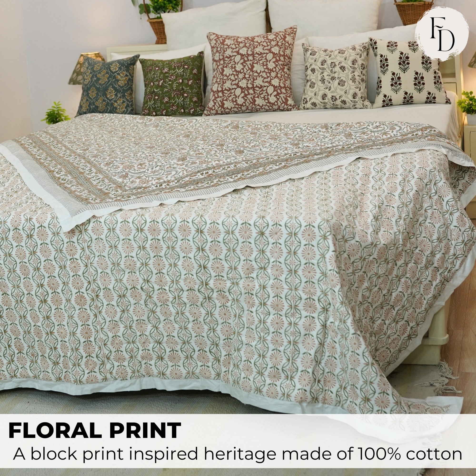 Medium &amp; Soft Cotton Quilt/Blanket And Block Printed Design