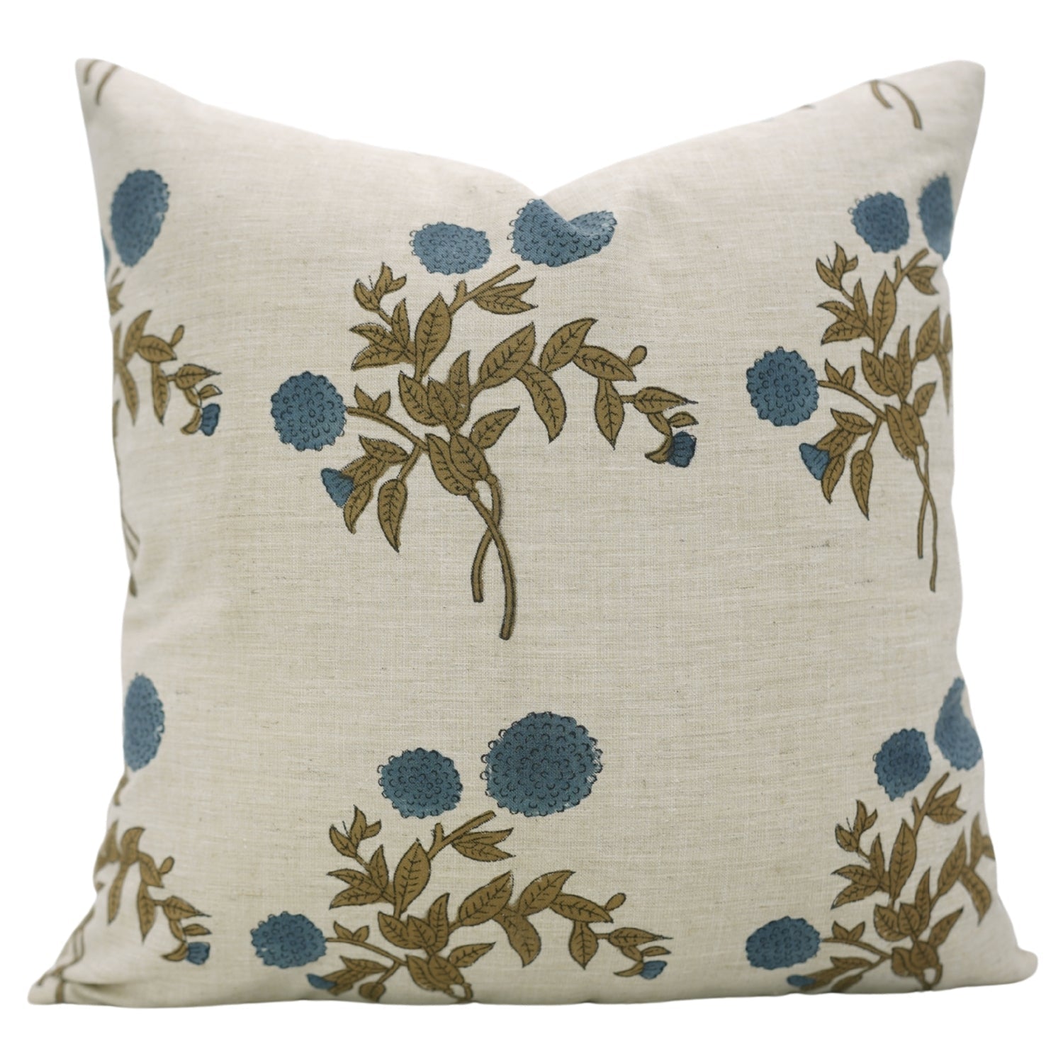 Handmade Farmhouse Cushion Cover Gulb Blue – Indian Block Printed Floral Linen Blend