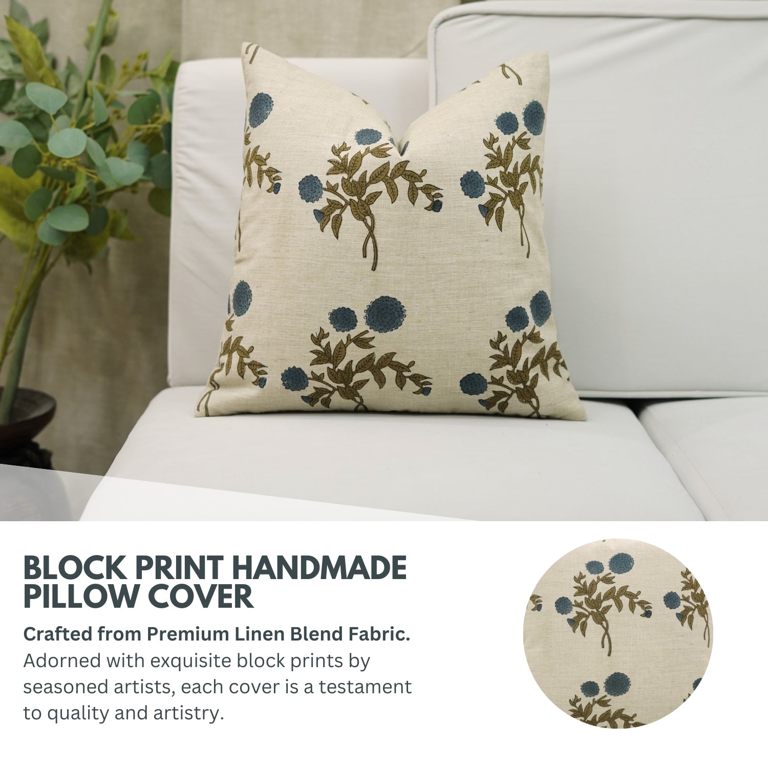 Handmade Farmhouse Cushion Cover Gulb Blue – Indian Block Printed Floral Linen Blend