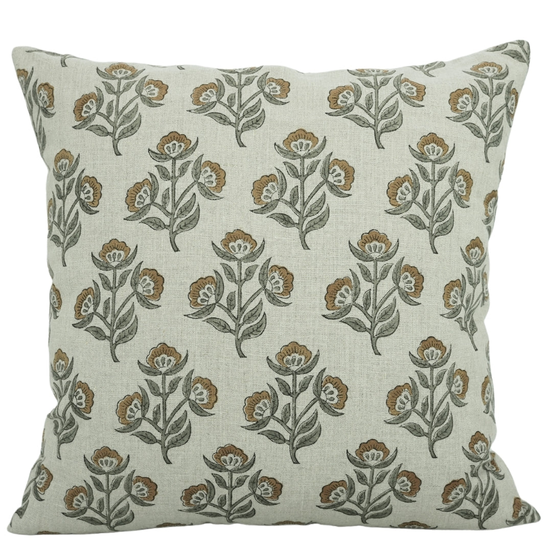 Block Printed Thick Linen Throw Pillow Cover - Bael Patra By Fabdivine