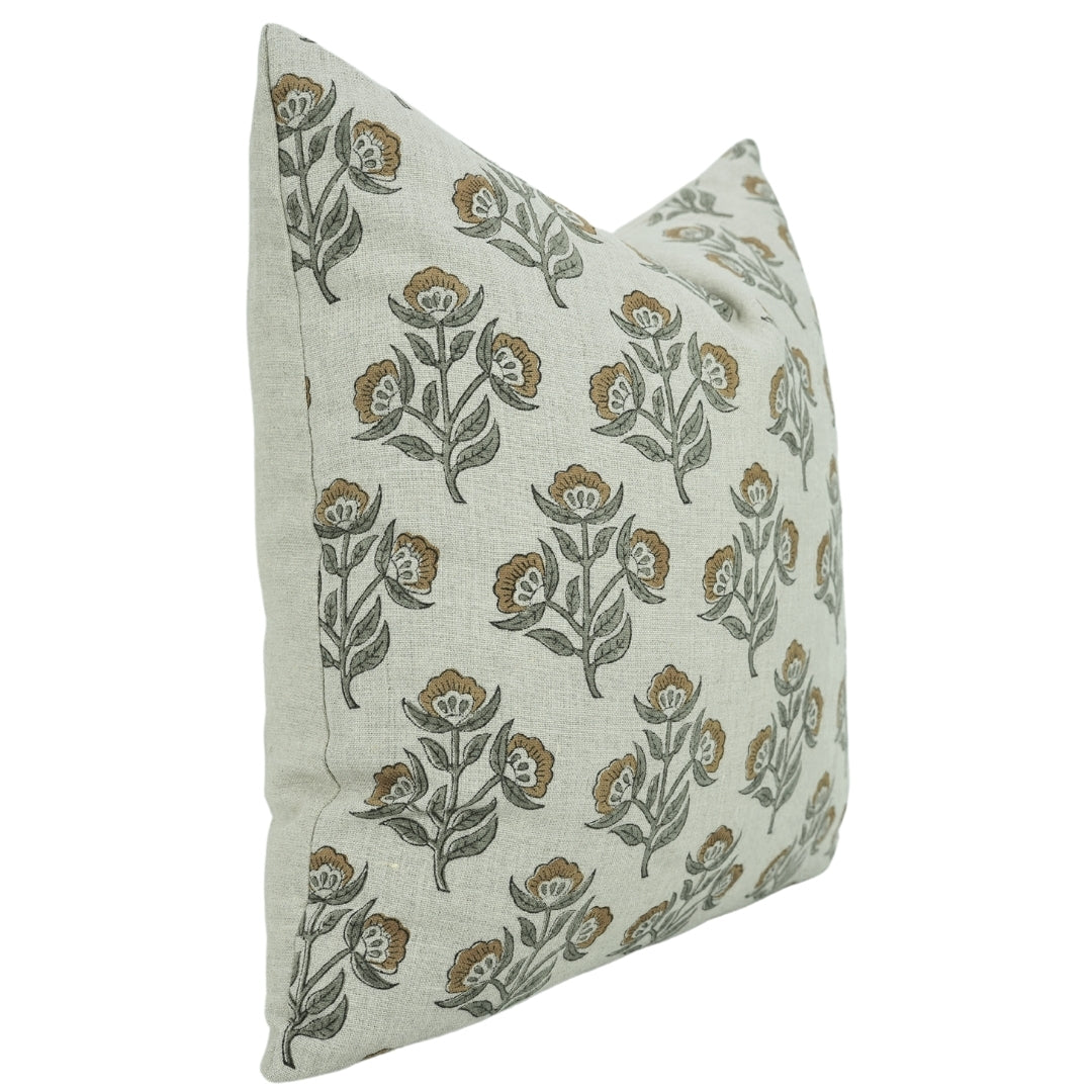 Block Printed Thick Linen Throw Pillow Cover - Bael Patra By Fabdivine