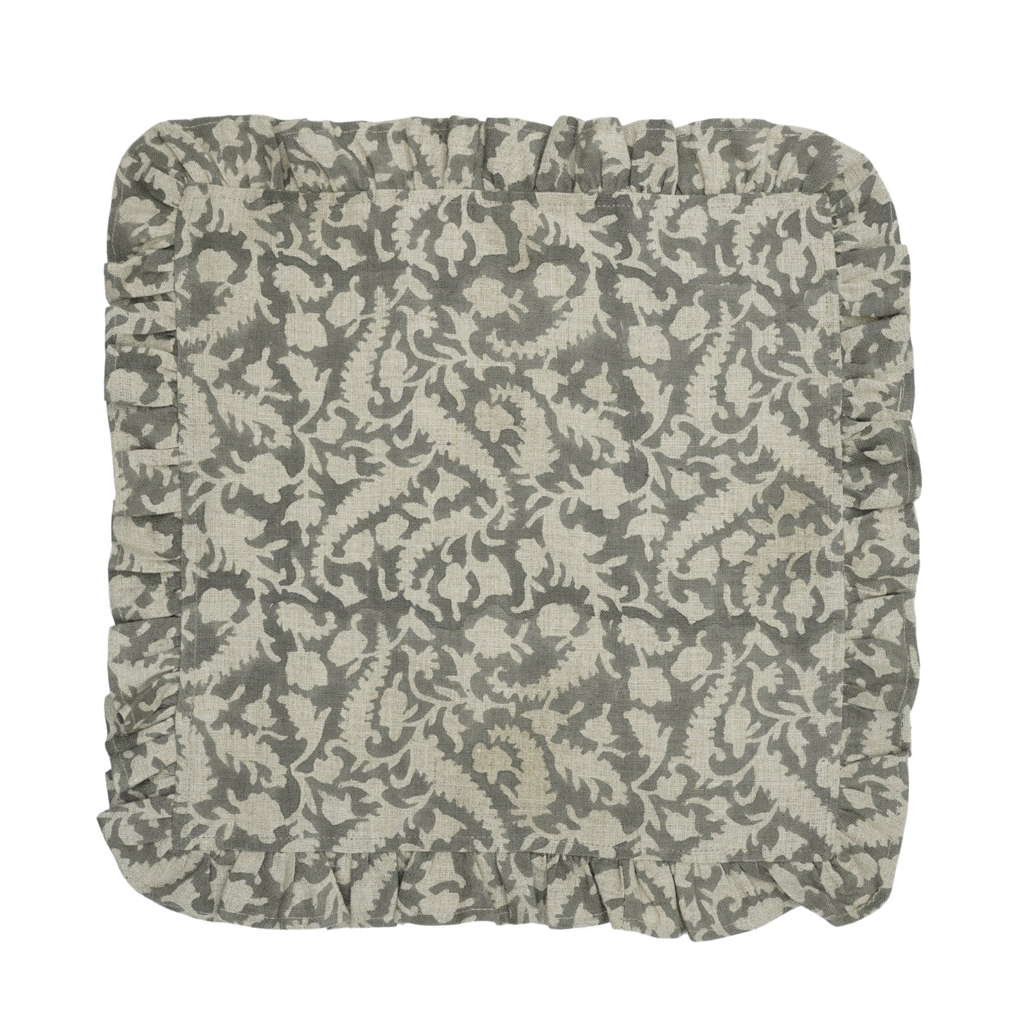 Classic Floral Printed Pure Linen Table Frill Napkins - Black Forest Gray Handmade Elegance