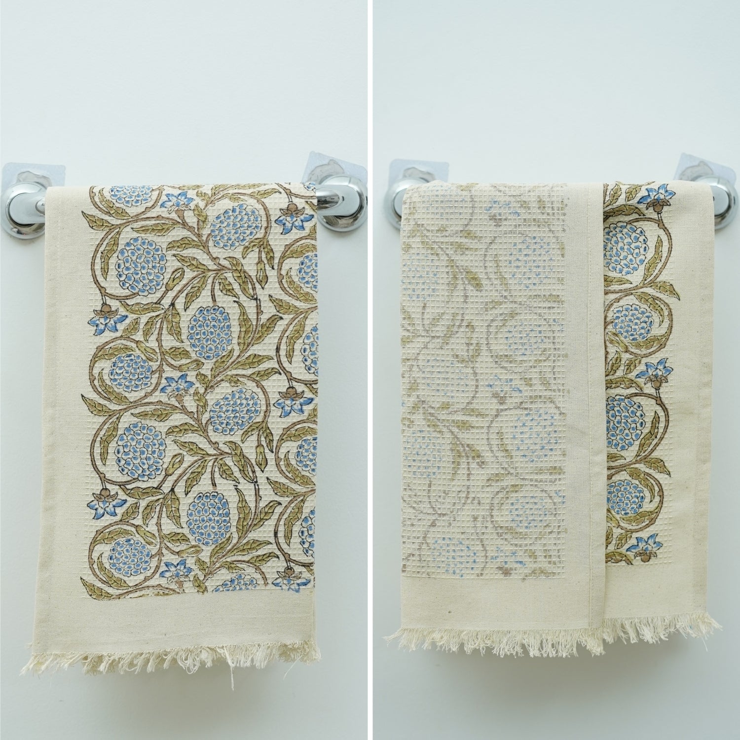 Cotton Block Printed Floral Luxury Waffle Hand Towels Meraki Blue By Fabdivine