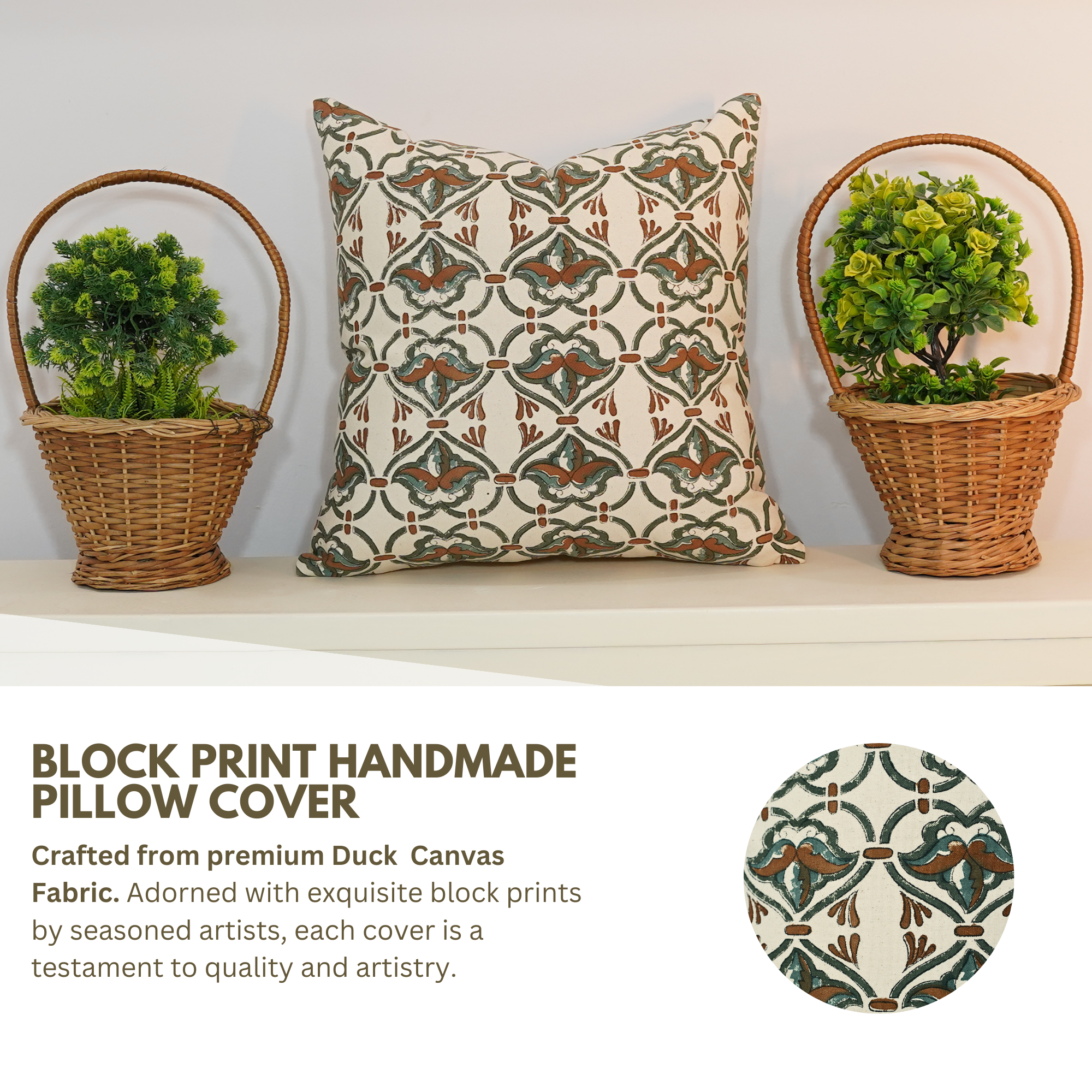 Designer Throw Pillow Cover - Hand Block Print on Thick Cotton - HRIDYAVAN - Fabdivine