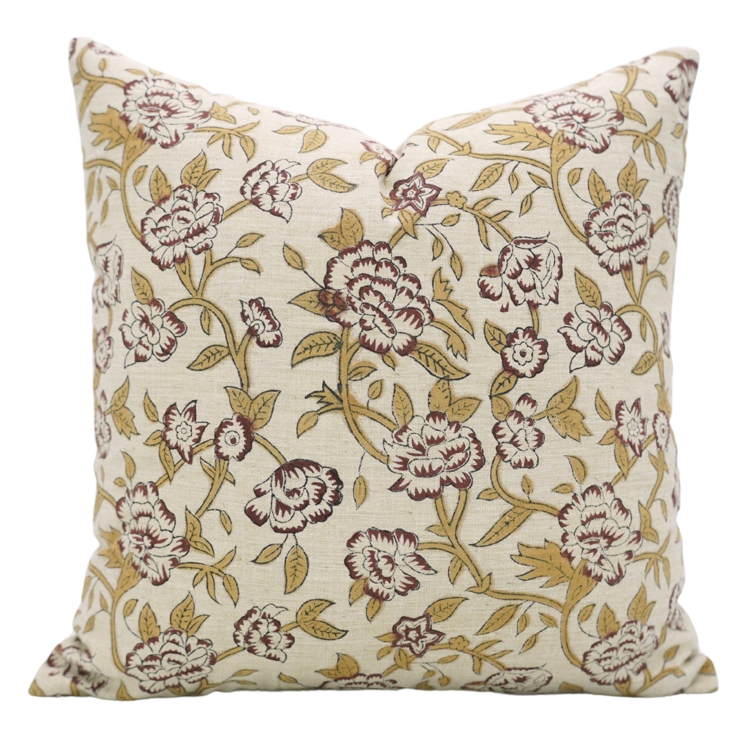 Elegant Floral Handblock Printed Linen Blend Square Pillow Case – Mrignayani Brown