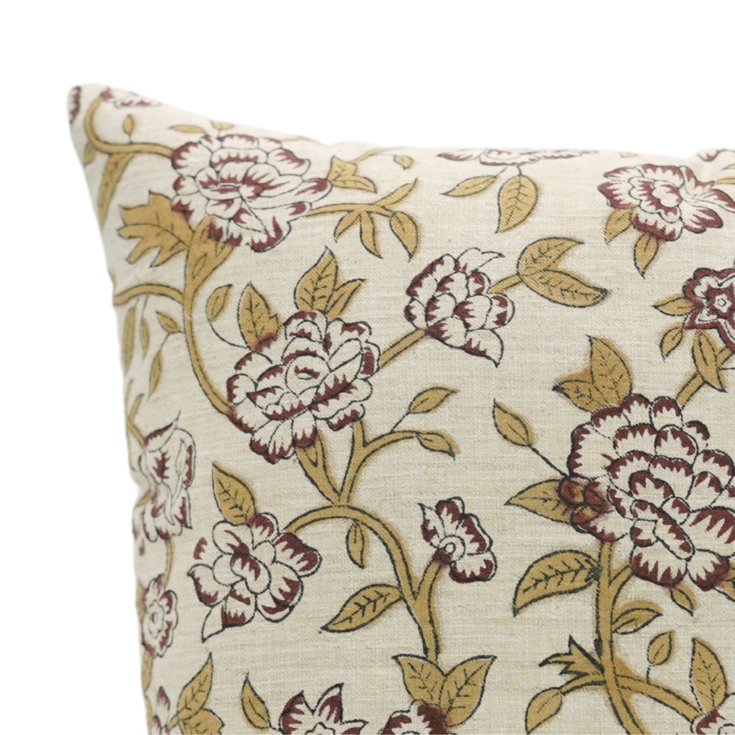 Elegant Floral Handblock Printed Linen Blend Square Pillow Case – Mrignayani Brown