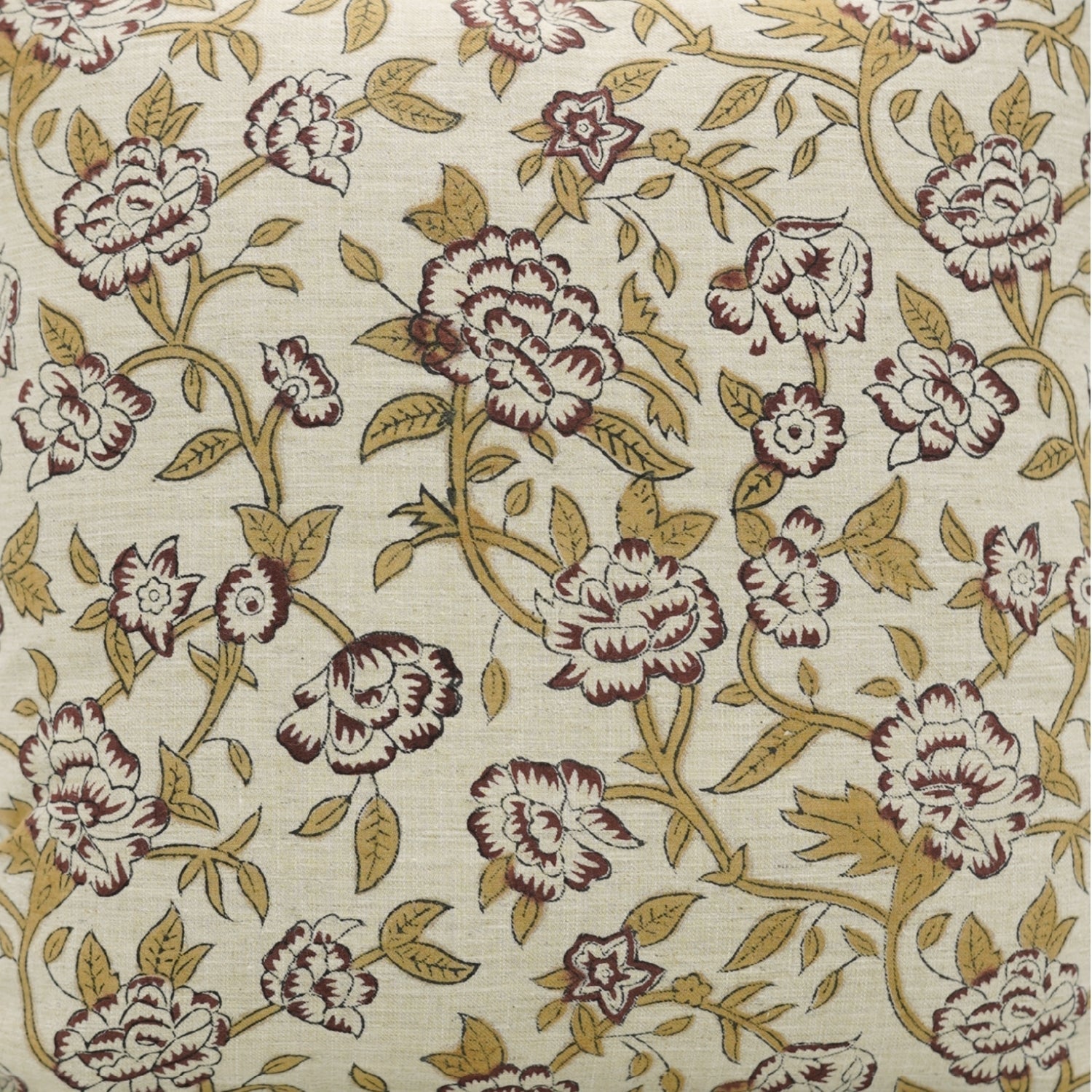 Elegant Floral Handblock Printed Linen Blend Square Pillow Case – Mrignayani Brown