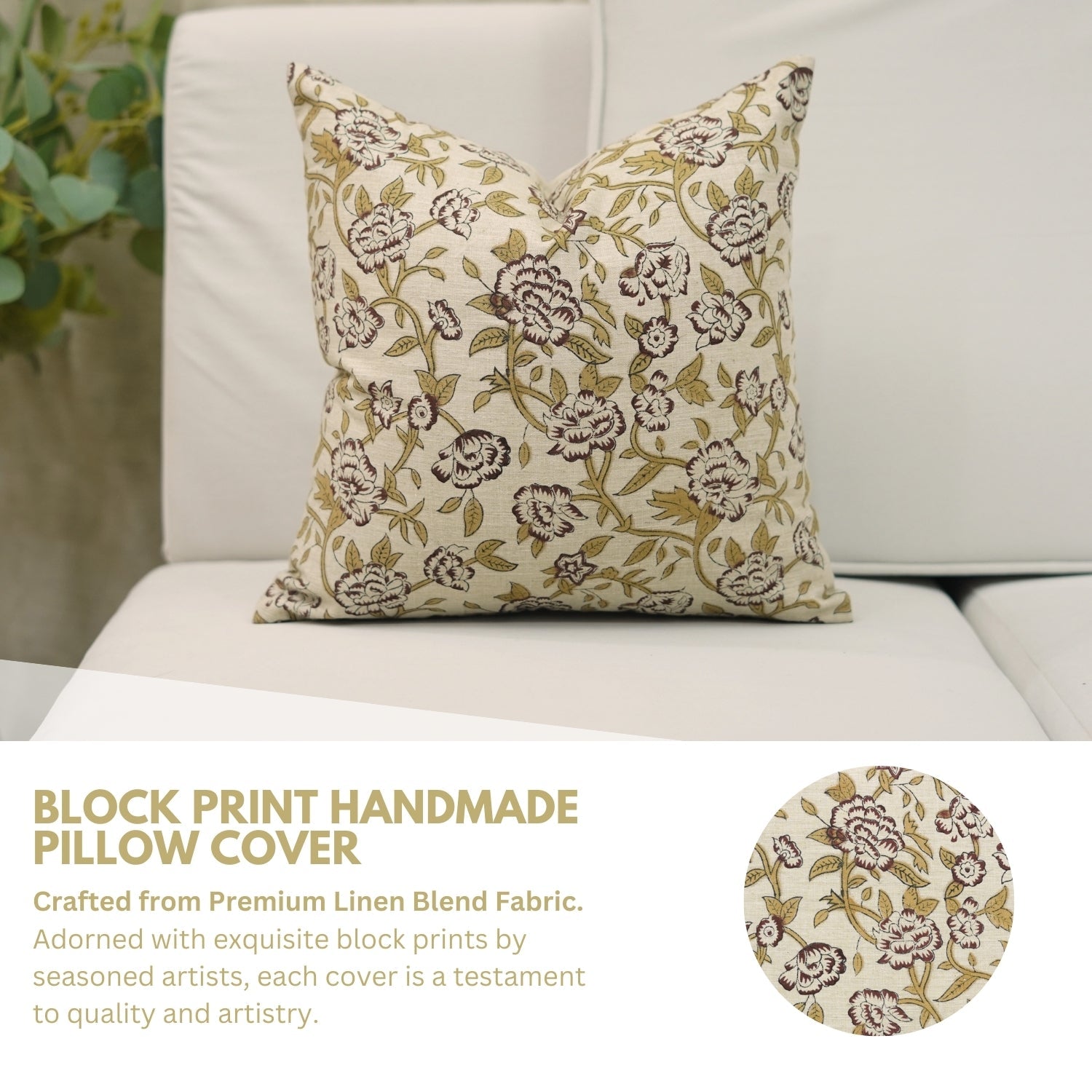 Elegant Floral Handblock Printed Linen Blend Square Pillow Case – Mrignayani Brown