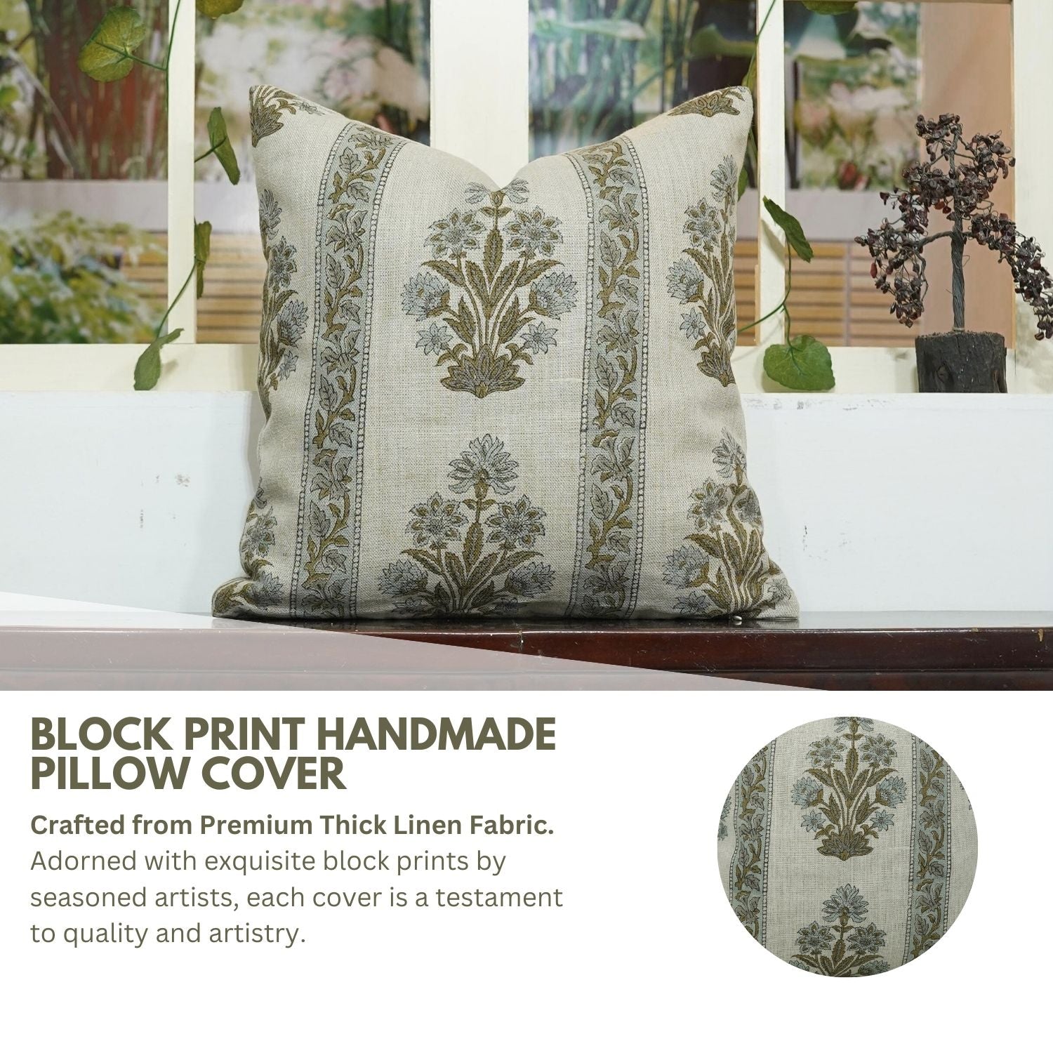 Block Printed Thick Linen Throw Pillow Cover - Morpankh By Fabdivine