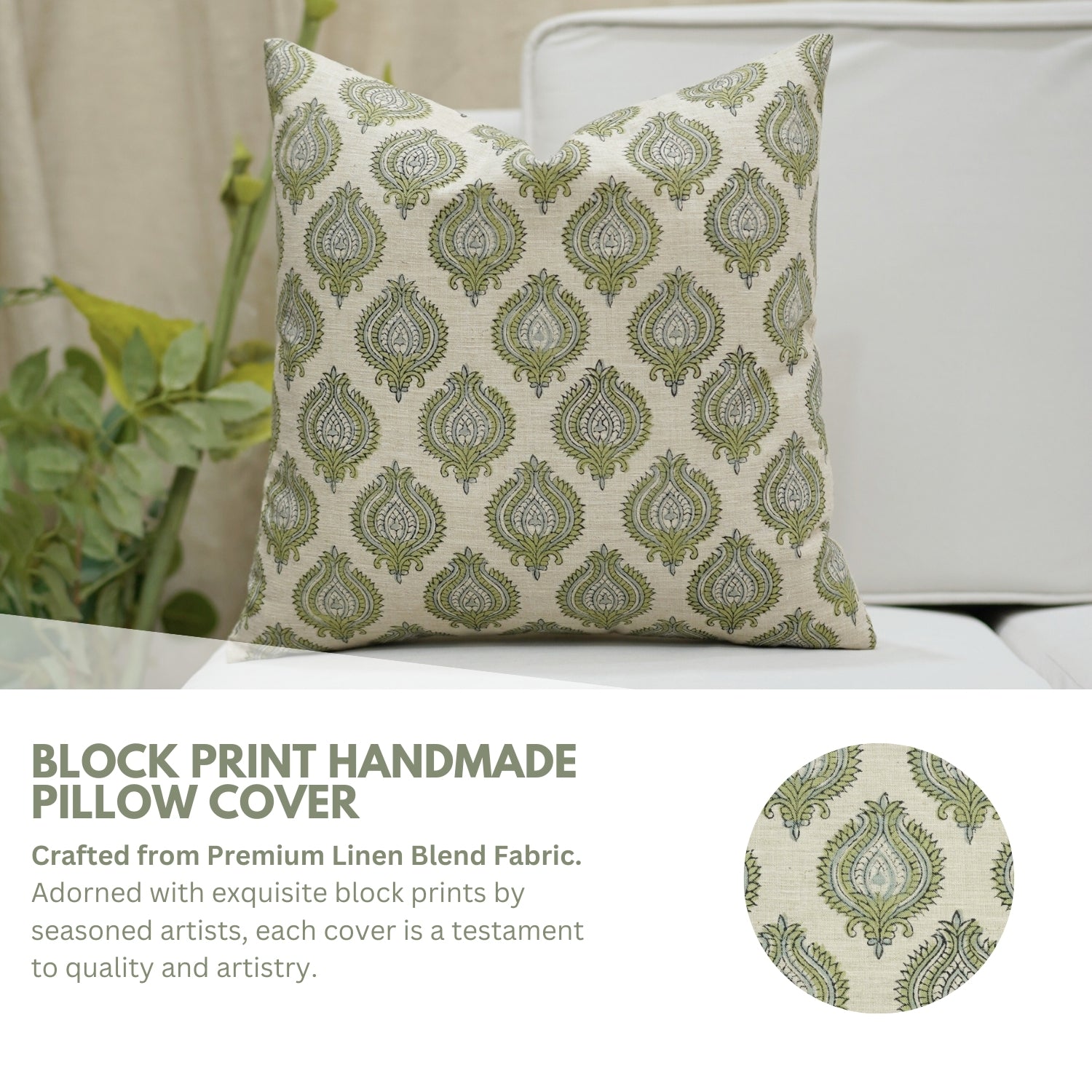 Block Print Linen Blend Pillow Cover-Uday