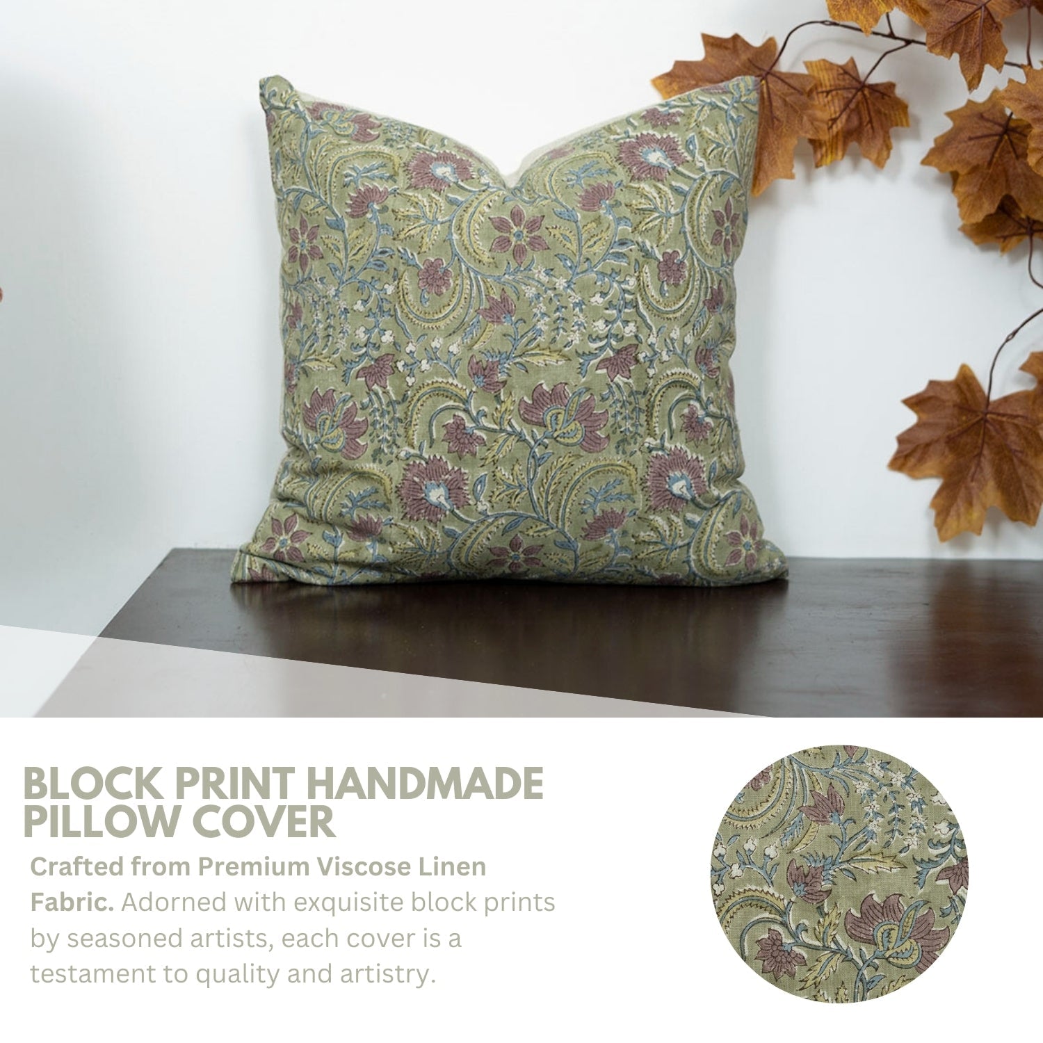 Kundanvan Handcrafted Viscose Pillow Cover – Green &amp; Brown Floral Block Print Elegance