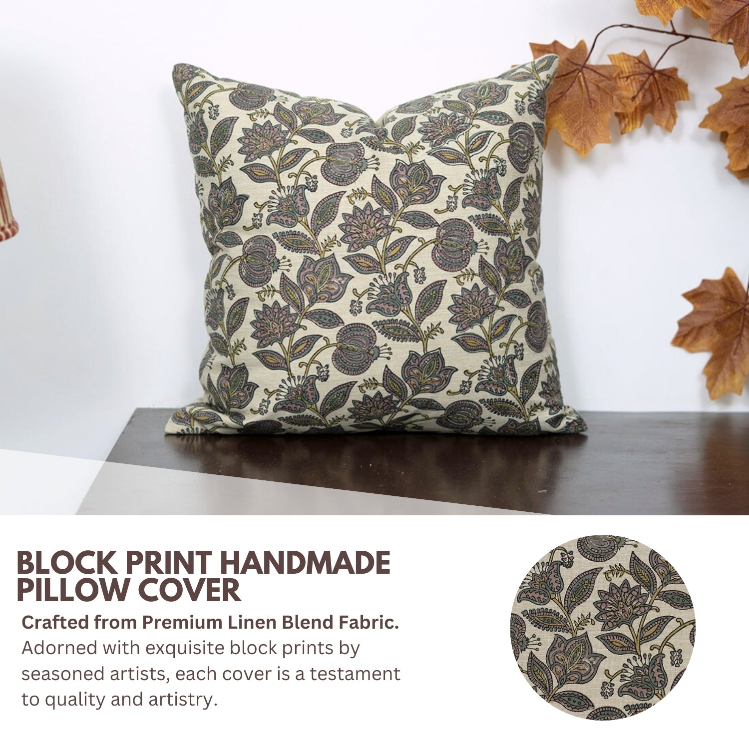 Custard Apple Handmade Floral Cushion Cases – Block Printed in Pastel Brown & Green