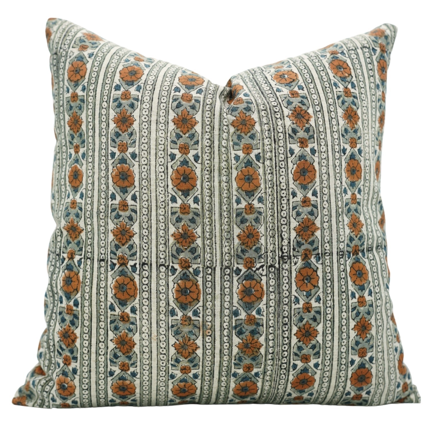 Linen Blend Handblock Floral Printed Cough Pillow Cover for Living Room - Rakhi Phool in Orange color