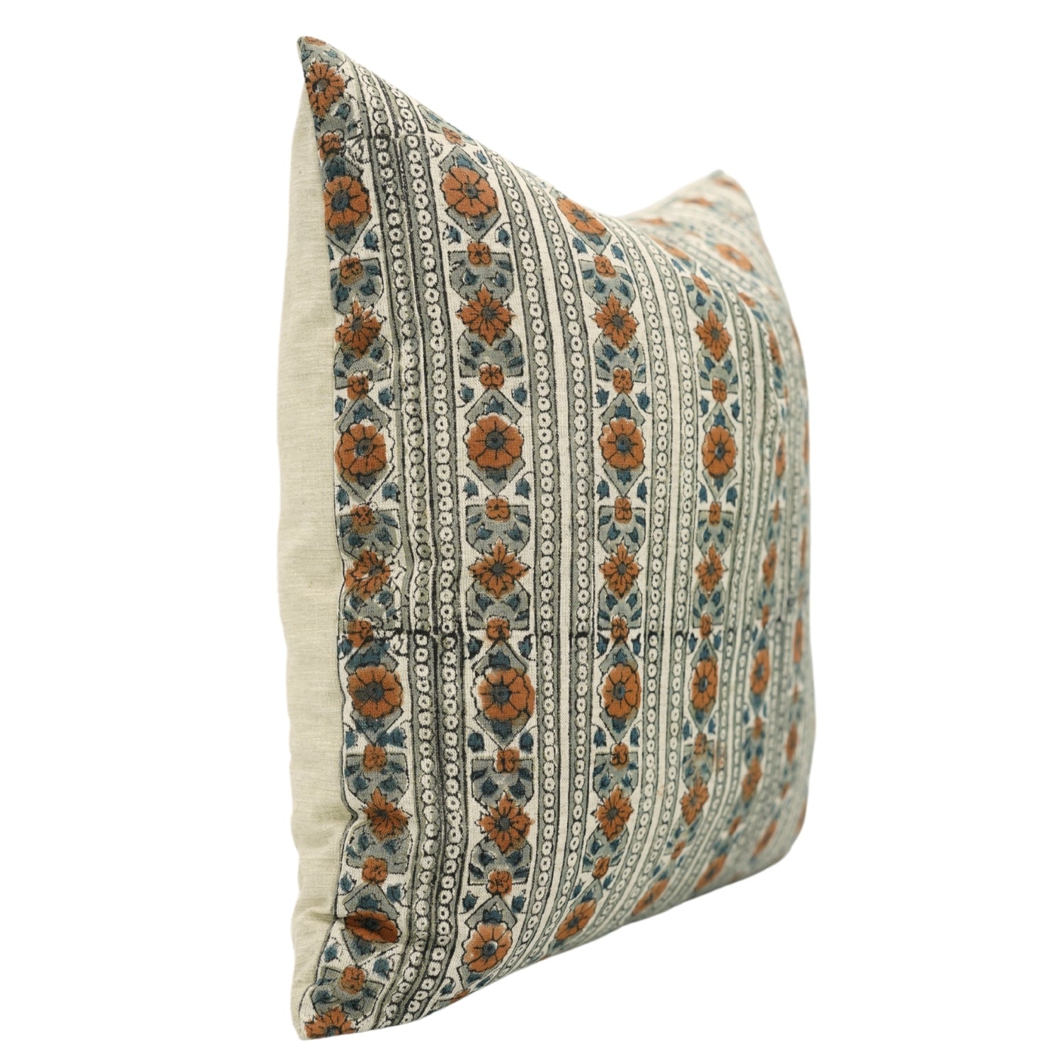 Linen Blend Handblock Floral Printed Cough Pillow Cover for Living Room - Rakhi Flower in Orange color