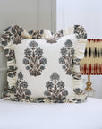 Block Print Off-White Linen Frill Pillow Cover-Morpankh