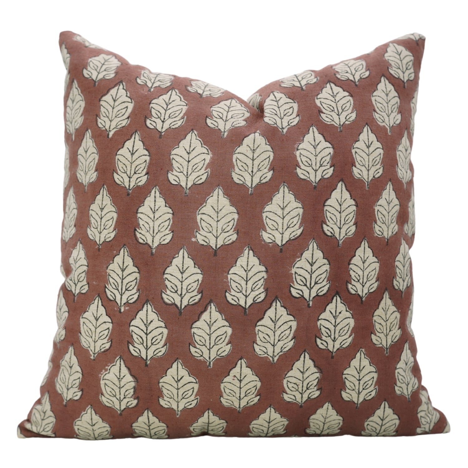 Lumber Designer Handmade Leaf Printed Linen Blend Throw Cushion Cases for Farmhouse - Mayur Red