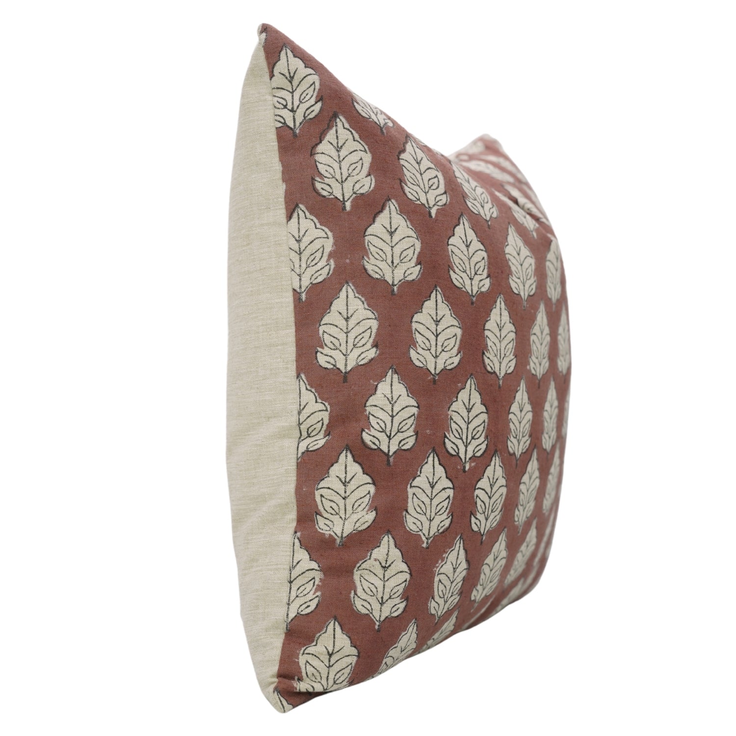 Lumber Designer Handmade Leaf Printed Linen Blend Throw Cushion Cases for Farmhouse - Mayur Red