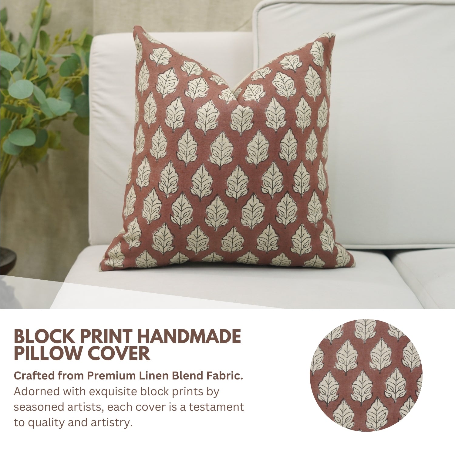 Lumber Designer Handmade Leaf Printed Linen Blend Throw Cushion Cases for Farmhouse - Mayur Red