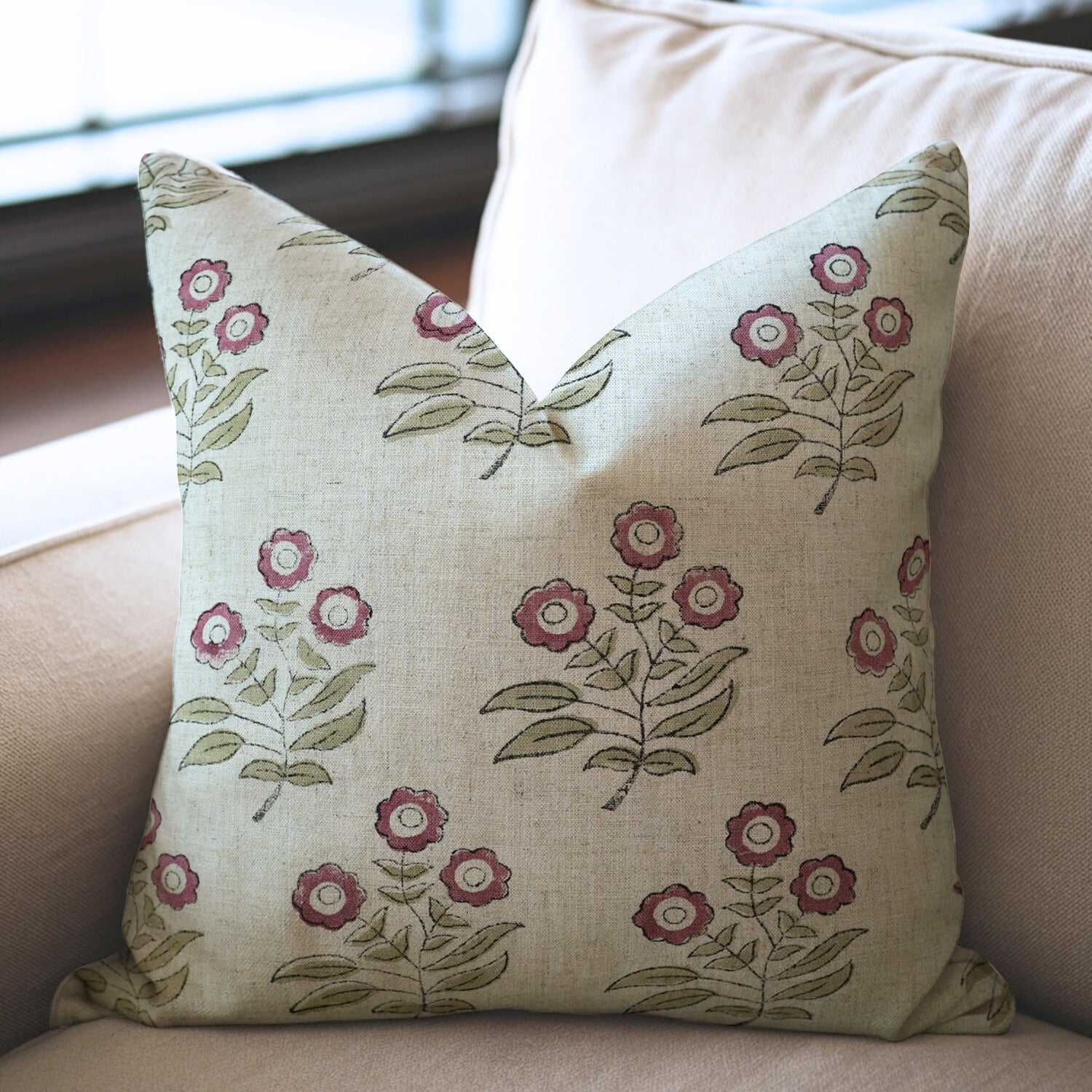 Throw Pillow Cover Viscous Linen – Neha Pink Floral Hand Block Printed Design By Fabdivine.