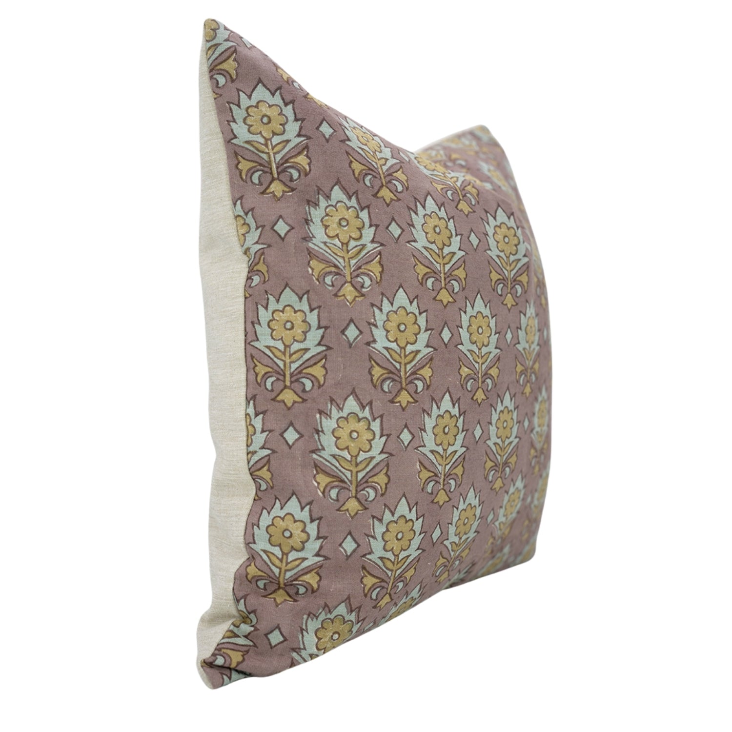 Kusum Handmade Leaf Printed Linen Blend Cushion Wrap – Mustard, Light Blue & Brown