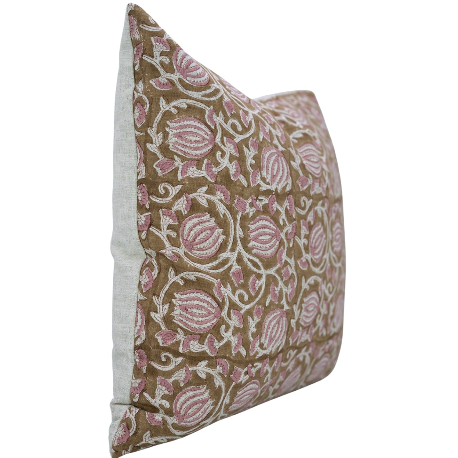 6 Kamal Handcrafted Viscose Linen Cushion Wrap – Pink &amp; Brown Floral Block Print Elegance